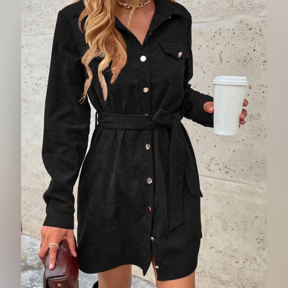 Corduroy Solid Belted Shirt Dress - Picture 1 of 5